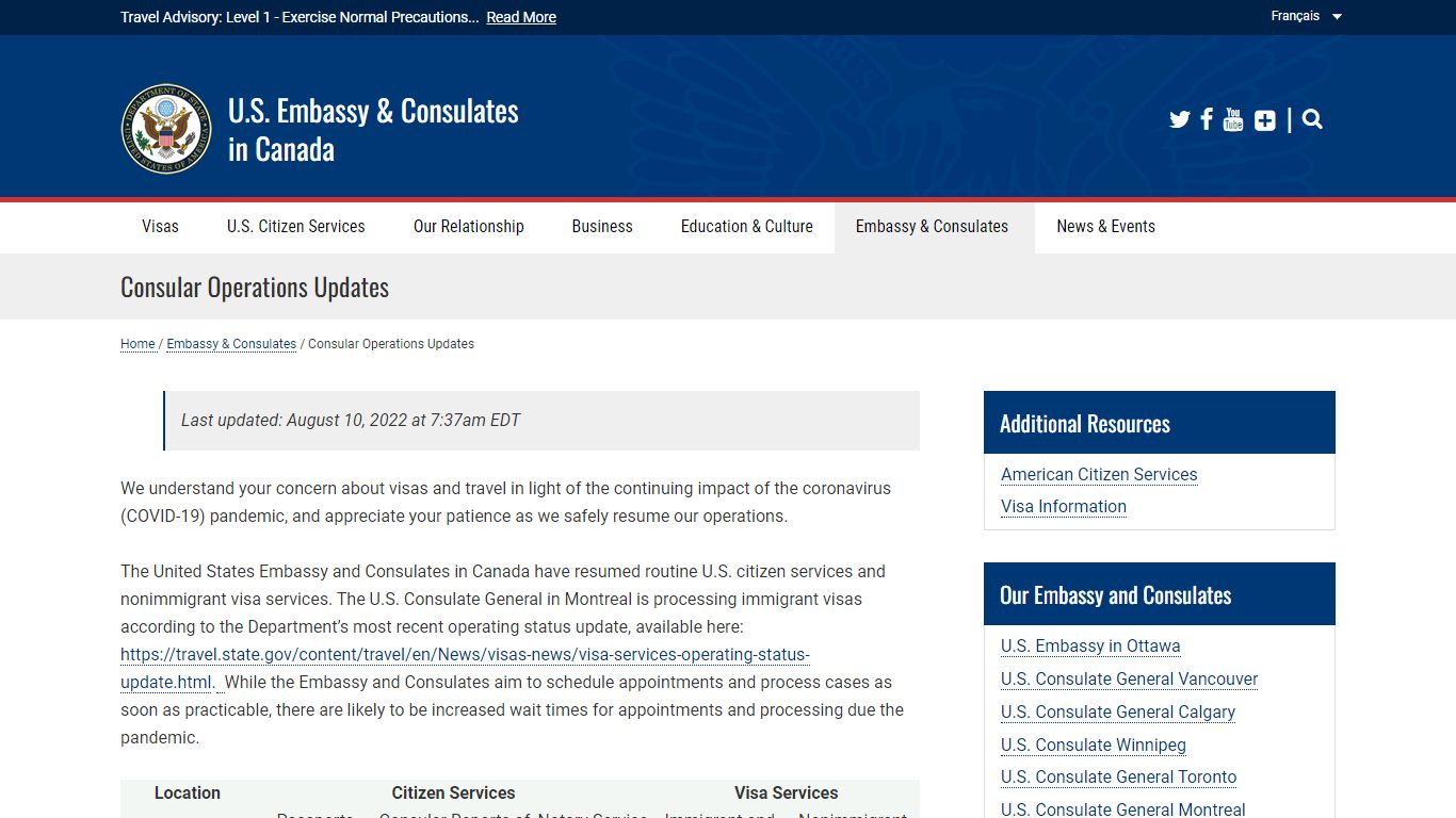 Consular Operations Updates - U.S. Embassy & Consulates in Canada